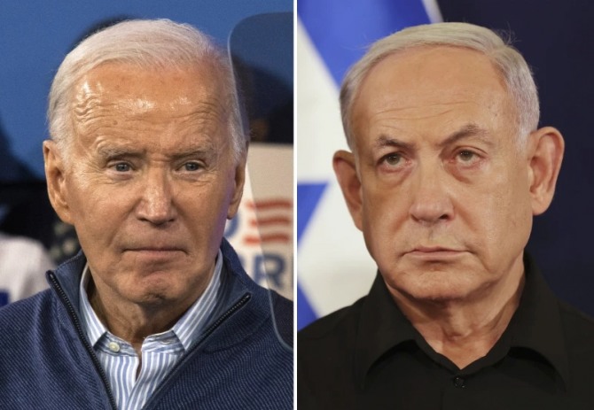 조 바이든 미국 대통령(왼쪽)이 베냐민 네타냐후 이스라엘 총리에게 이란에 대한 보복 공격을 하지 말라고 종용하고 있다. 사진=AP/연합뉴스
