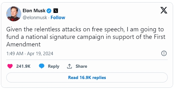 일론 머스크 X 총수가 표현이 자유와 관련한 서명운동을 벌이겠다며 18일(현지시각) X에 올린 트윗. 사진=X