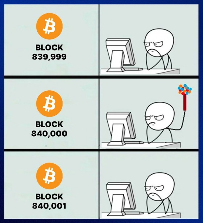 4년에 한 번 발생하는 이벤트인 '비트코인 반감기'를 둘러싼 투자자들의 기대와 실망을 나타낸 이미지. 사진=크립토닷컴 X(옛 트위터)