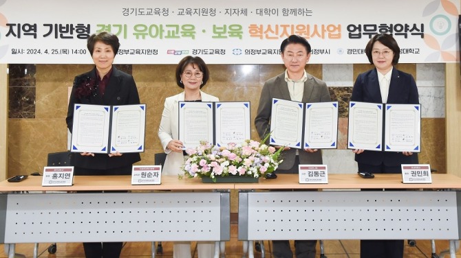 김동근 시장이 의정부교육지원청·경민대학교·연성대학교와 ‘지역기반형 유아교육‧보육 혁신 지원사업’ 협약 체결후 기념촬영을 하고 있다. 사진=의정부시