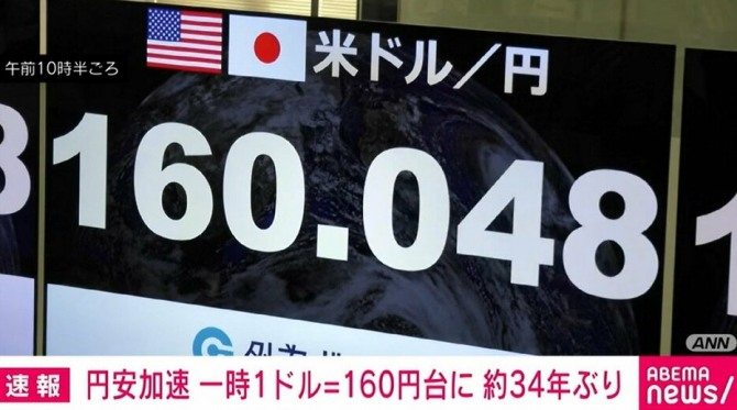 일본 달러 대비 엔화가치가 34년 만에 160엔대로 떨어졌다. 사진=아베마뉴스 갈무리