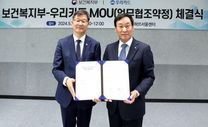 이달 2일 서울 중구 시티타워 비즈허브서울센터에서 이기일 보건복지부 제1차관(왼쪽)과 박완식 우리카드 대표가 자기돌봄비 지원을 위한 업무협약을 맺고 기념사진을 촬영하고 있다. 사진=우리카드 제공.
