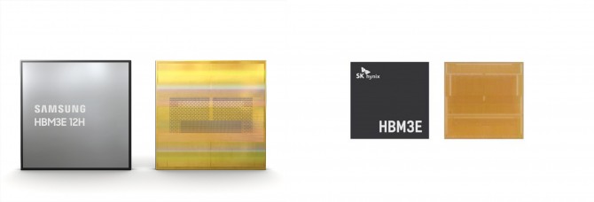 삼성전자가 지난 2월 업계최초로 개발한 36GB HBM3E 12H D램(왼쪽)과 SK하이닉스가 지난해 8월 고객사에 샘플로 공급한 HBM3E제품(오른쪽). 사진=삼성전자, SK하이닉스