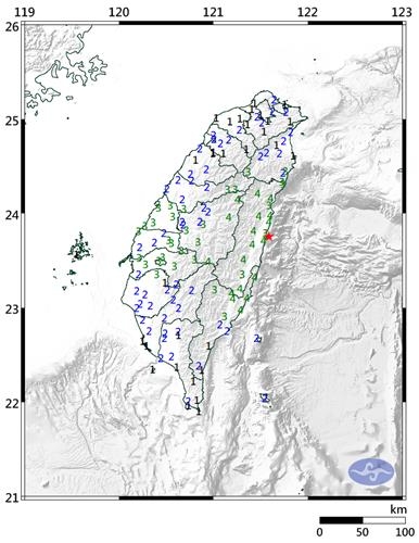 5월 9일 오후 규모 5.9 여진 발생한 대만 동부 화롄현 인근(붉은 점). 사진=연합뉴스