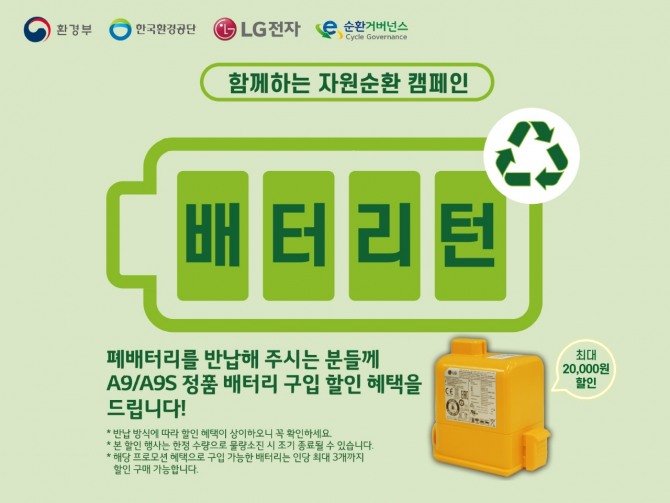 LG전자가 무선청소기 폐배터리 수거와 재활용에 앞장서며 ESG 경영을 실천한다고 7일 밝혔다. 사진은 LG전자의 '배터리턴' 캠페인 홍보 이미지. 사진=LG전자 