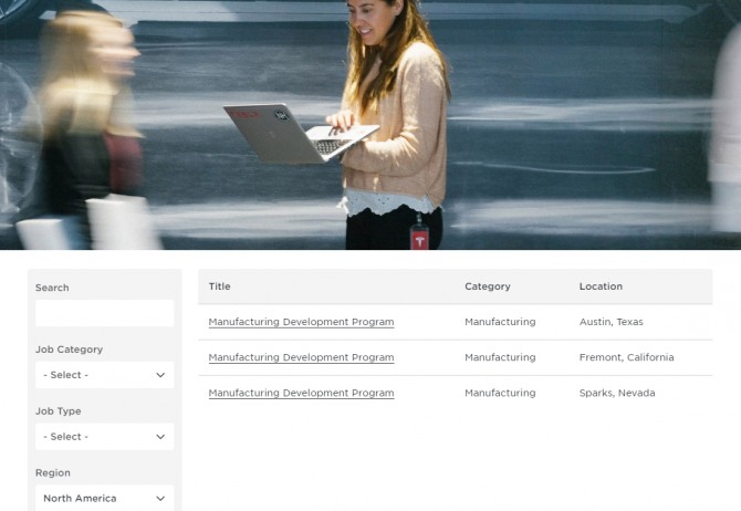 8일(현지시각) 현재 테슬라 홈페이지에 올라온 신규 직원 채용 공고. 사진=테슬라 