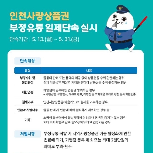 인천사랑상품권 부정유통 일제단속 안내 포스터.