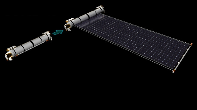 한화시스템 사내벤처 플렉셀 스페이스가 개발한 ‘우주용 탠덤 유연 태양전지’ 패널이 두루마리처럼 펼쳐지는 전개 모듈 형상. 사진=한화시스템