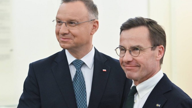 울프 크리스테르손 스웨덴 총리(오른쪽)와 안제이 두다 폴란드 대통령. 사진=PAP통신