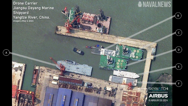 지난 6일(현지 시각) 중국 장쑤성의 한 조선소에서 촬영된 중국 해군 소속 드론 항공모함으로 보이는 함선의 인공위성 사진.