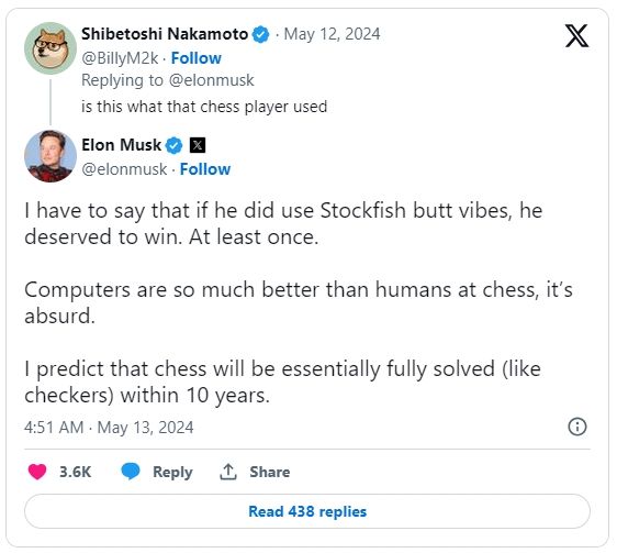 일론 머스크가 지난 13일(현지시각) X에 올린 체스 관련 트윗. 사진=X