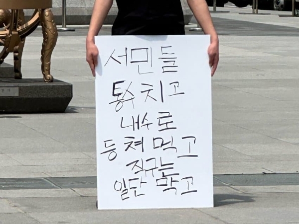 정부의 해외직구 규제안이 발표된 후 커뮤니티에 게재된 사진. 규제 도입에 반대하며 서울 광화문에서 1인 시위에 나선 시민을 촬영한 사진으로 알려졌다. 사진=디시인사이드 SFF 마이너 갤러리