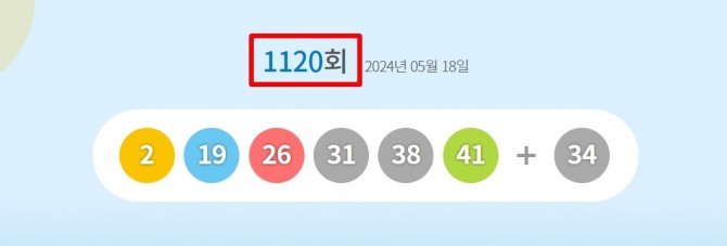 로또 1120회 당첨번호와 당첨 판매점(로또 1등 당첨지역, 배출점 등 로또명당), 1등 당첨금 등이 18일 방송된 MBC ‘생방송 행복드림 로또6/45’(로또1120)에서 공개됐다. 사진은 제 1120회 로또당첨번호(로또복권당첨번호) 2, 19, 26, 31, 38, 41와 2등 보너스번호 34. 사진=동행복권 모바일 홈페이지(동행복권 복권통합포털)