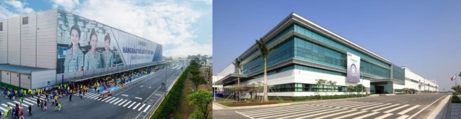 삼성전자의 가장 대표적인 스마트폰 생산공장인 베트남 타이응우엔공장(왼쪽)과 LG전자의 베트남 하이퐁 공장 전경(오른쪽). 사진=삼성전자,LG전자