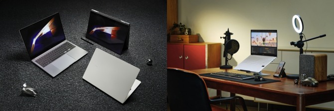 AI PC인 삼성전자의 갤럭시북4(왼쪽)와 LG전자의 LG그램프로(오른쪽) 제품이 전시되어 있다. 사진=삼성전자, LG전자