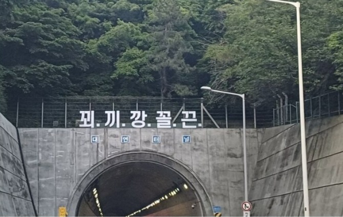 부산 도시고속도로 대연터널에 설치된 정체불명의 '꾀끼깡꼴끈' 글자. 박형준 부산시장의 발언으로 추측된다. 사진=온라인 커뮤니티 화면 캡처