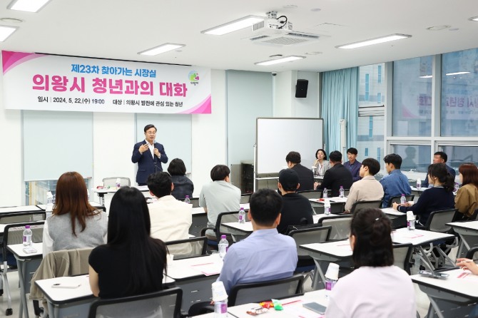 김성제 의왕시장이 22일 ‘제23차 찾아가는 시장실’을 개최, 청년과의 대화를 진행하고 있다. 사진=의왕시