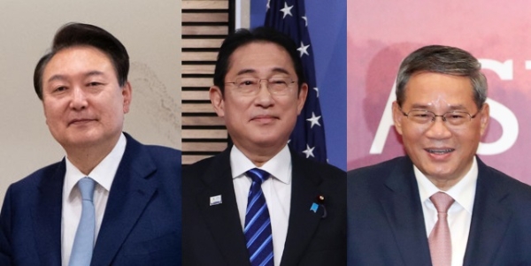 왼쪽부터 윤석열 한국 대통령, 기시다 후미오 일본 총리, 리창 중국 국무원 총리. 사진=뉴시스