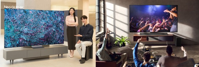 삼성전자의 Neo QLED 8K TV(왼쪽)와 LG전자의 LG 올레드 TV(오른쪽). 사진=삼성전자, LG전자