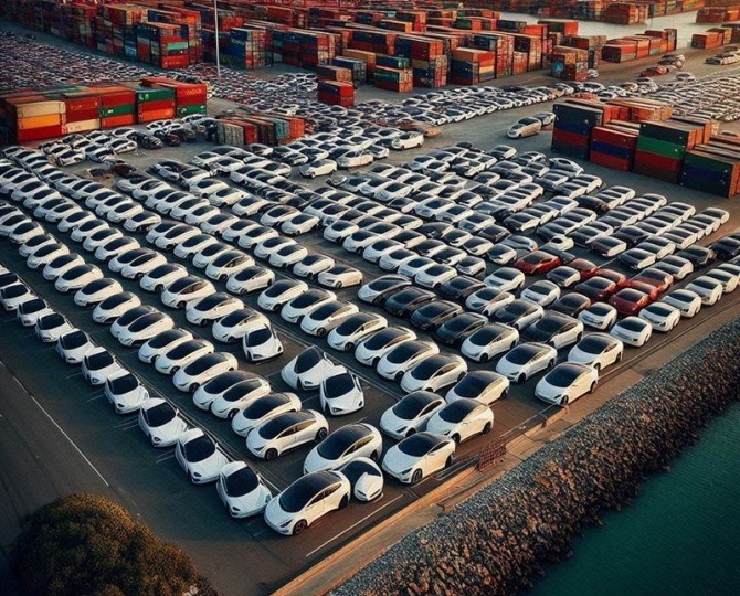 주인을 기다리는 수천대의 테슬라 전기자동차가 호주 항구에 쌓여있다.
