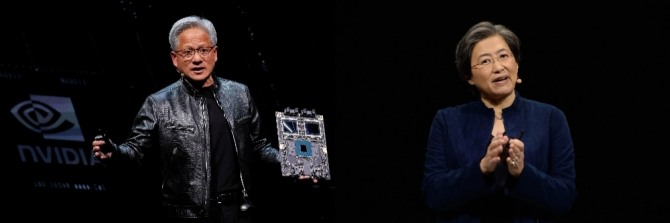 젠슨 황 엔비디아 CEO(왼쪽)와 리사 수 AMD CEO. 엔비디아와 AMD는 AI칩 주도권을 놓고 치열한 경쟁을 펼치고 있다. 사진=로이터