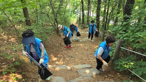 10일 일산자생한방병원 봉사단이 고봉산에서 환경정화 활동을 펼치고 있다. 사진=자생한방병원