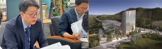 천준호 인천시 기획조정실장(왼쪽 사진 왼쪽)이 11일 시청 전국기자실에서 공공시설 재배치 기본계획을 설명하고 있다.오른쪽 사진은 루원복합청사 모습. 사진=최재민 기자