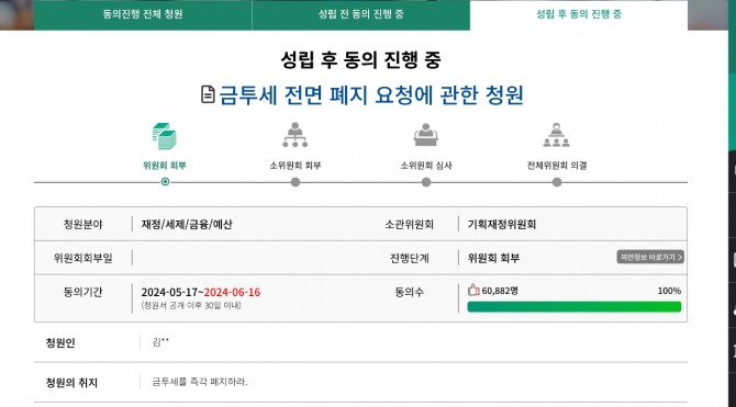 금투세 폐지 청원이 11일 6만명을 돌파했다. 사진=국민동의청원 캡쳐