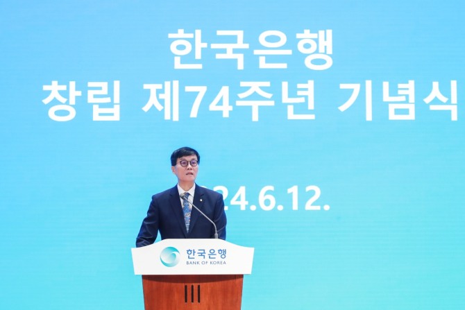 이창용 한국은행 총재가 12일 오전 서울 중구 한국은행에서 한국은행 창립 제74주년 기념사를 낭독하고 있다. 사진=한국은행