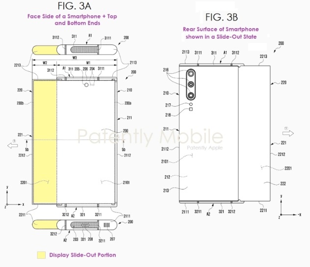 삼성전자의 슬라이딩 방식 확장형 디스플레이 스마트폰 특허.