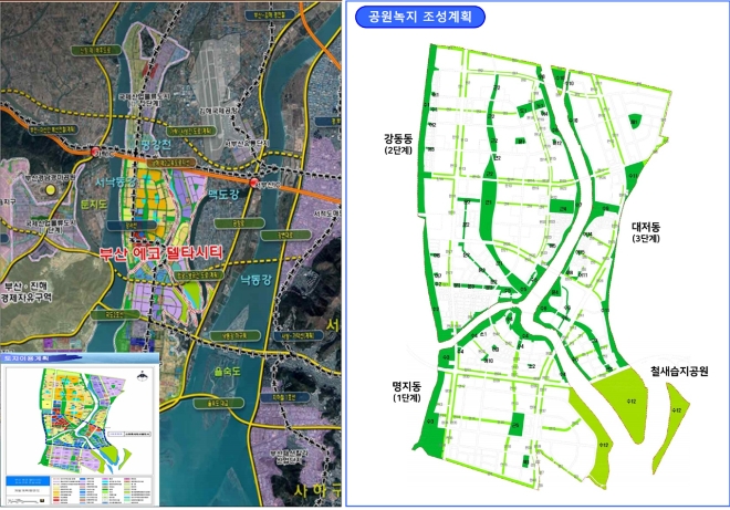 부산 에코델타시티 위치도 및 사업구역(왼쪽), 부산 에코델타시티 공원녹지 조성계획. 부산시 제공