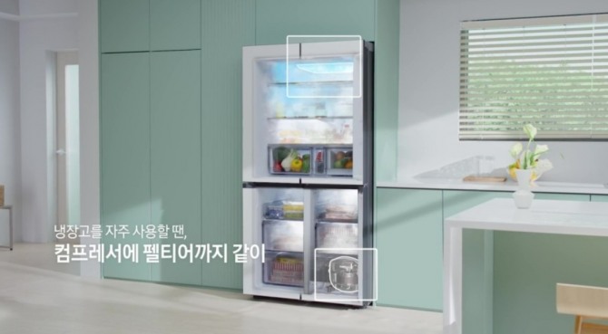 하단에 컴프레서가 설치되고 상단에 펠티어 소자가 적용된 비스포크 AI 하이브리드 냉장고의 구조도. 사진=삼성전자