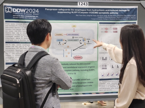 DDW2024 참가자들이 위산 노출로 인한 식도에서의 항염 효과 관련 기초연구 포스터를 보고 있다. 사진=대웅제약