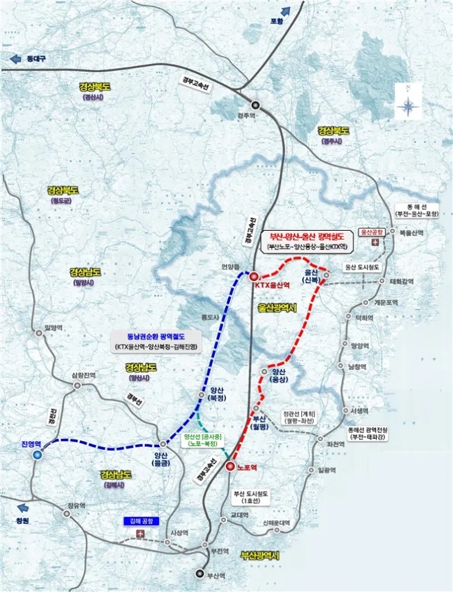 '동남권순환 광역철도 및 부산·양산·울산 광역철도' 노선도. 부산시 제공