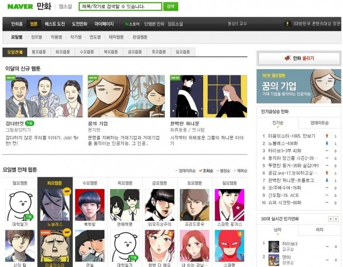 네이버웹툰 초기 UI 모습. 사진=네이버