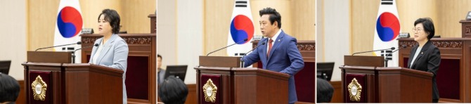 3건의 건의안은 김진숙 의원과 한갑수 의원, 박은경 의원이 각각 대표 발의했으며, 본회의에서 대표 발의 의원의 제안 설명 청취 뒤, 가결 처리됐다. 왼쪽부터 김진숙, 한갑수, 박은경 의원, 사진=안산시의회