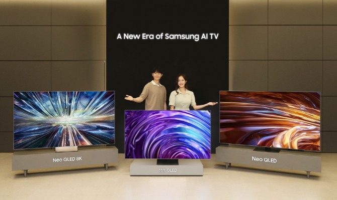삼성전자 모델이 AI 기능 탑재된 초대형 프리미엄 TV 신제품(왼쪽부터 Neo QLED 8K, Neo QLED, 삼성 OLED)을 소개하고 있다. 사진=삼성전자