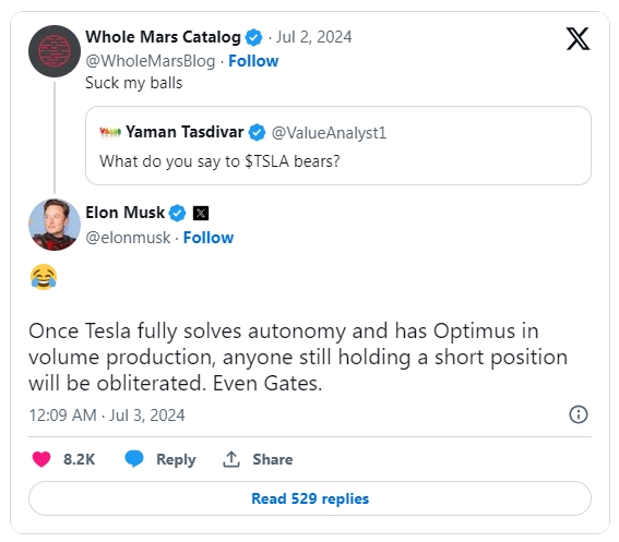 일론 머스크 테슬라 CEO가 3일(현지시간) X에 올린 공매도 관련 글. 사진=X