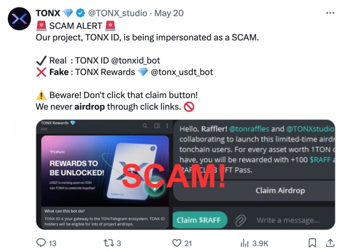 톤(TON) 프로젝트가 소셜미디어를 통해 공개한 스캠 주의 게시글. 실제 소셜미디어 계정 ID와 가짜 ID를 명확히 구분할 것을 당부했다. 사진=톤 X 게시물 