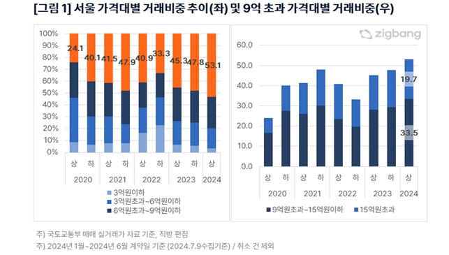 올해 상반기 서울 아파트 거래 2만3328건 중 53.1%인 1만2396건이 9억원 초과 거래로 나타났다. 서울 가격대별 거래비중 추이(왼쪽)와 9억 초과 가격대별 거래비중(오른쪽). 사진=직방