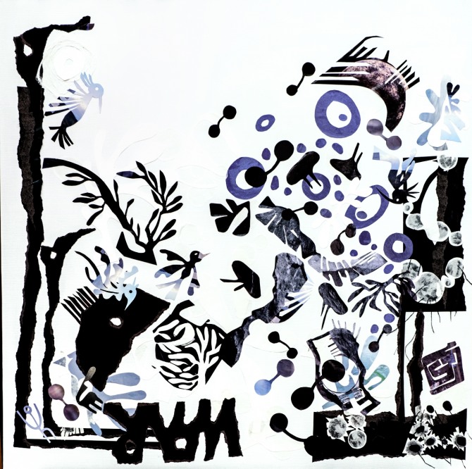 조미경 작 공중을 나는 새 누림, 50cmx50cm, acrylic paint, pasted paper, paper thread on paper panel,  2023