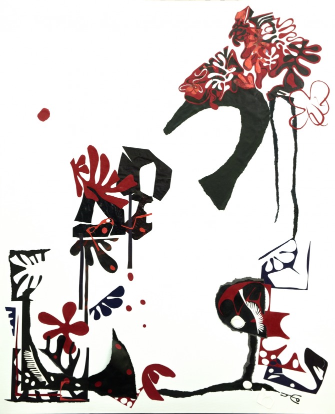조미경 작 붉은 꽃 리듬을 타다, 163cmx131cm Acrylic paint, pasted paper on canvas, 2024