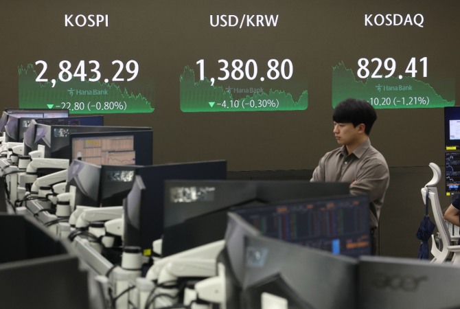 17일 한국거래소에 따르면 이날 코스피는 전일 대비 0.8%(22.8포인트) 하락한 2843.29를 기록하며 장을 마감했다. 사진=연합뉴스