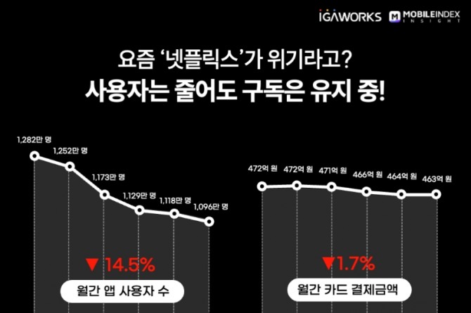 넷플릭스 사용자 수 감소에도 카드 결제금액은 큰 변화가 없는 것으로 나타났다. 사진=아이지에이웍스 모바일인덱스