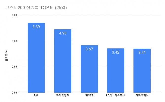 코스피200 종목 중 상승률 TOP 5  (25일) 