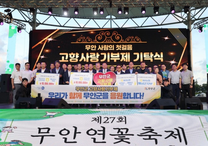 전남 무안군(군수 김산)은 제27회 무안연꽃축제 개최를 기념하여 무안·영암·해남 농축협과 함께하는 고향사랑 상호기부 기탁식을 개최했다. 사진=무안군