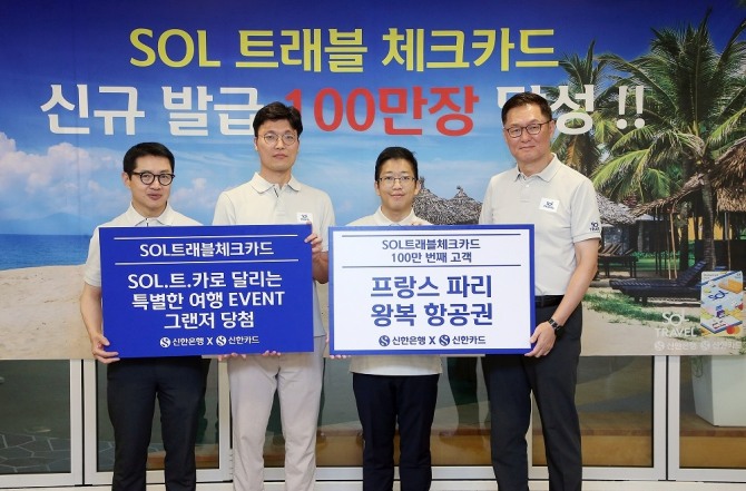 지난 29일 신한은행 본점에서 진행된 ‘신한 쏠(SOL)트래블 체크카드’ 발급 100만장 달성 기념행사에서 신한은행 이해창 외환본부장(오른쪽), 신한카드 장재영 멤버십본부장(왼쪽)이 100만번째 고객(오른쪽 두번째)과 기념촬영을 하고 있다. 사진=신한은행