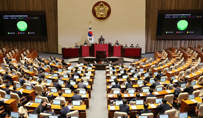 5일 국회에서 열린 본회의에서 야당 주도로 '노란봉투법'(노동조합·노동관계조정법 개정안)이 통과되고 있다. 사진=연합뉴스 