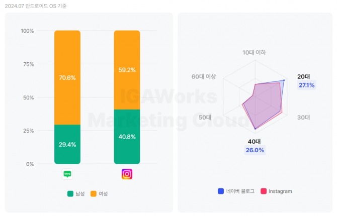 네이버 블로그와 인스타그램 사용 연령층 비교표. 사진=아이지에이웍스 