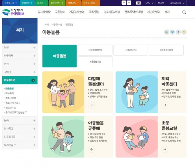 시청 누리집 홈페이지 첫 화면 생애주기별 아동돌봄시설 정보